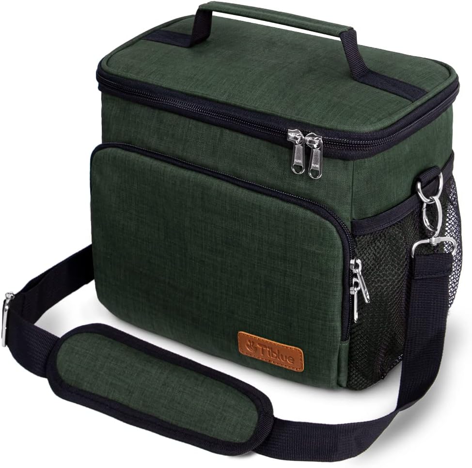 Tiblue Insulated Lunch Bag for Women/Men, Reusable Lunch Box for Office Work School Picnic Beach, Leakproof Freezable Cooler Bag with Adjustable Shoulder Strap for Kids/Adult(Medium, Retro Green)