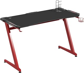 HOMCOM 142 x 66 cm Gaming Desk, Carbon Fibre Covered Computer Desk, Gamer Workstation with Headphone Hook, Cup Holder and Gamepad Storage Rack, Black and Red