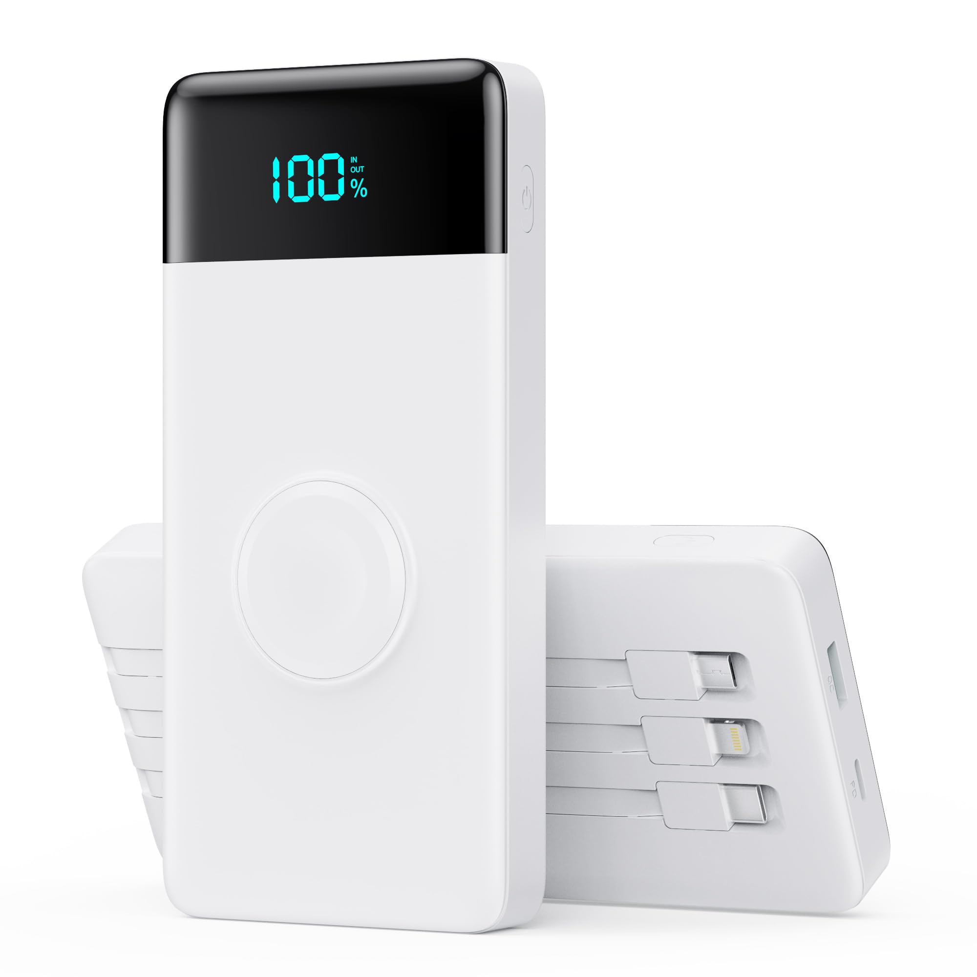 Power Bank with Built-in Cables and iWatch Charger,10800mAh QC4.0+PD 25W Fast Charging USB C Portable Charger,6 Outputs LCD Display Travel Battery Pack for iPhone 16/15/14/13, Android,Apple Watch etc