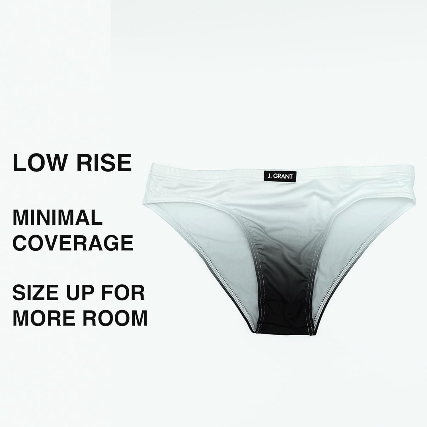 J. Grant Men’s Low-Rise Swim Brief – Minimal Coverage, Body-Contouring Fit, Quick-Dry Stretch Fabric (Black/White Gradient)