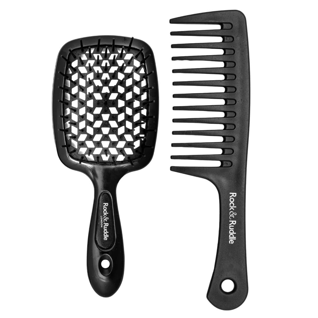 Rock & Ruddle Hair Brush & Beach Waves Comb Duo for Styling All Hair Types, Black