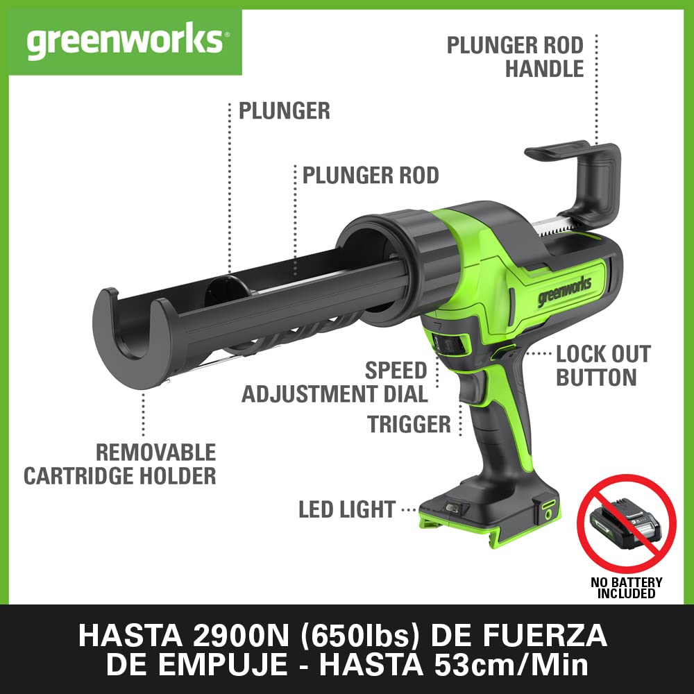 Greenworks G24CG Pistola de Silicona a Batería, Fuerza 2900N, 6 Velocidades, Anti-goteo, SIN Batería de 24V y Cargador, Garantía de 3 Años