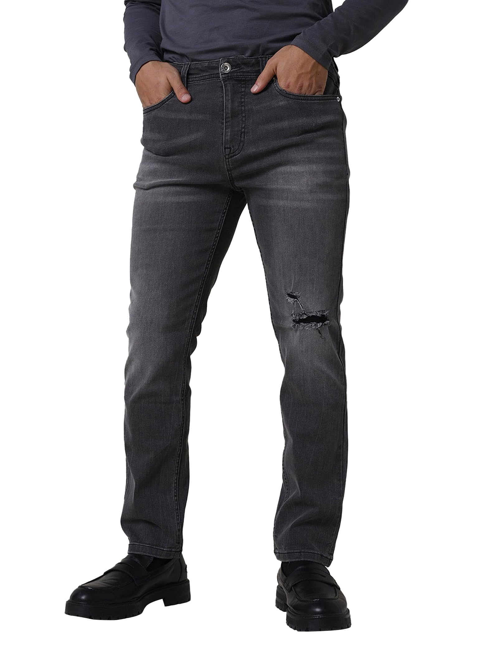 Enorsia Men's Grey Regular Fit Distressed Stretch Denim Jeans - Uk 36