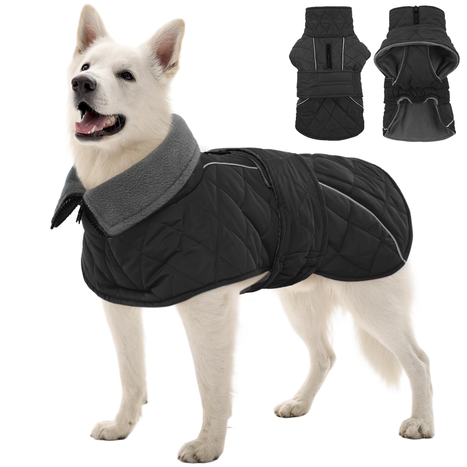 Kuoser Dog Coat, Super-Warm Dog Jacket Windproof Pet Cold Weather Coats for Extra Large Dogs, Fleece Lining Quilted Turtleneck Puppy Snowsuit Reflective Adjustable Doggie Winter Clothes, Grey, 2XL