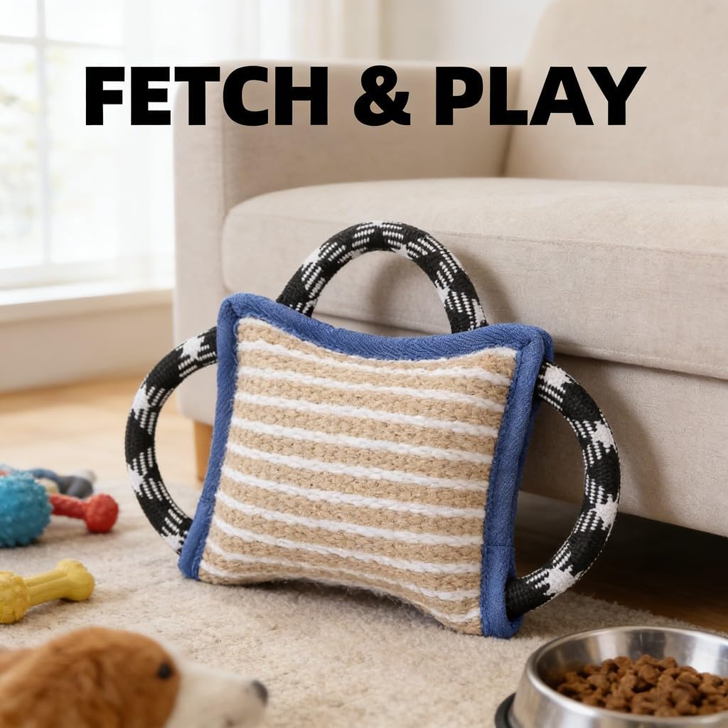 Bite Tug Toy for Dogs, Jute Biting Pad with 3 Handles, Tear Blue Pillow 10.2x7.1in - Durable Training Tool, Interactive Tug - of - War Play, Ideal for Puppy and Adult D (Blue)