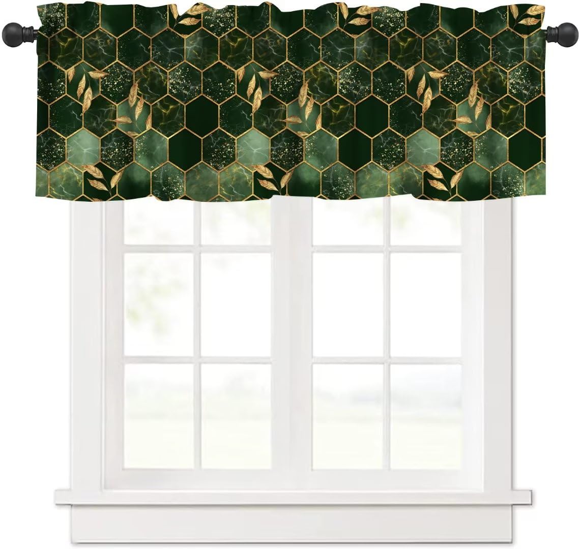 Hunter Green Marble Window Valance Curtain, Abstract Dark Green Marble Hexagon Texture Golden Leaves Window Valances Treatments for Kitchen Living Room Café Décor 54'x18', 1 Panel