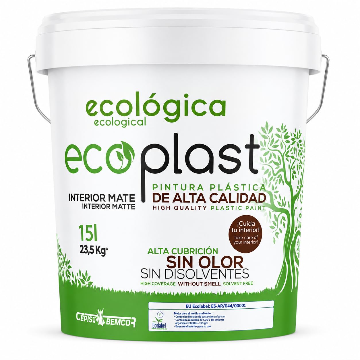 Ecoplast 15L Pintura Plástica Ecológica Interior Mate – Certificación Ecolabel Europea, Sin Olor, Sin Disolventes, Alta Cubrición, Lavable, Baja Emisión COV, Blanco Mate