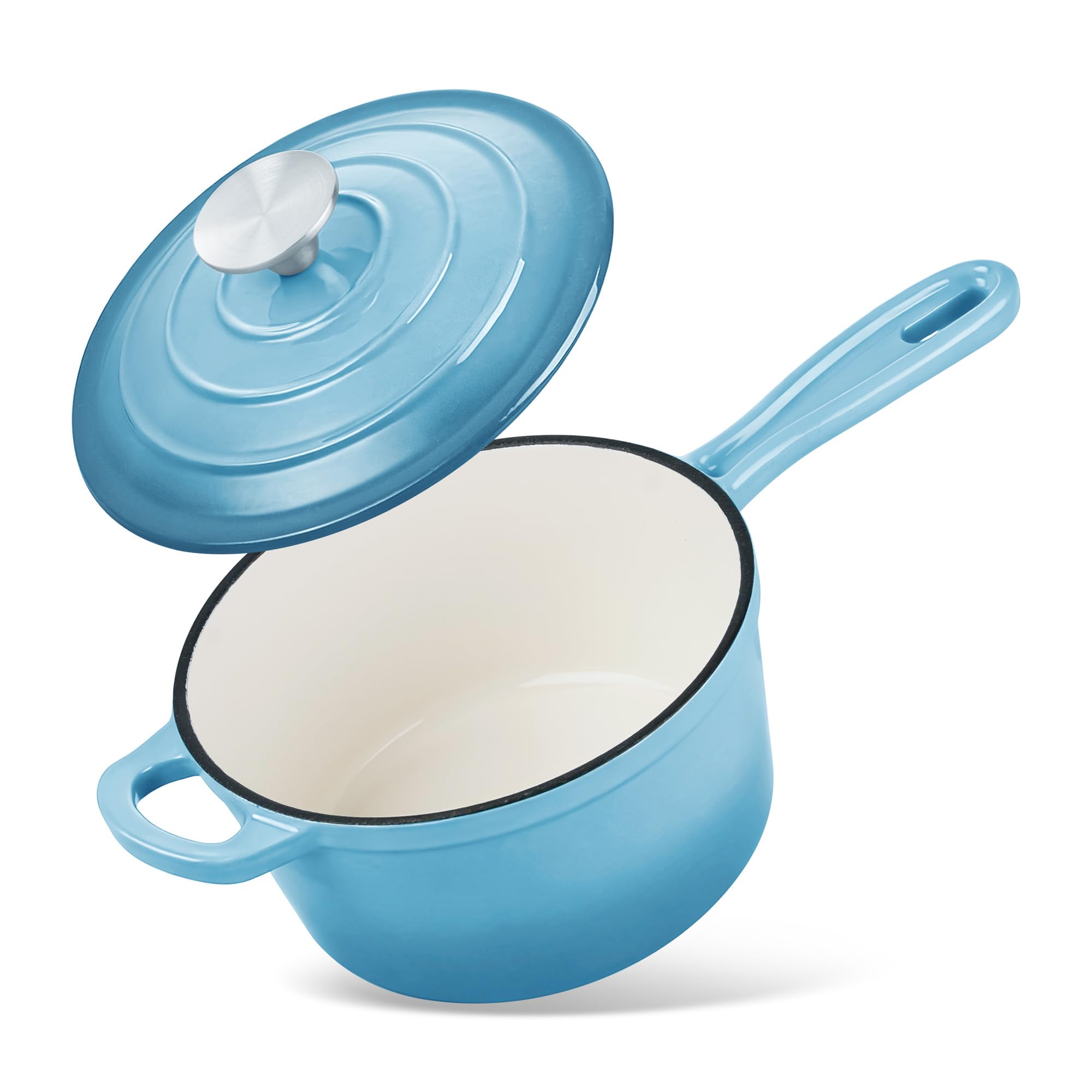 Homikit Small Cast Iron Pot, 2 QT Enameled Cast Iron Sauce Pan with Lid, Heavy Duty Enamel Dutch Oven Kitchen Cookware for Making Pasta, Boiling Soup, Warming Milk, Nonstick &amp; Oven Safe, Sky Blue