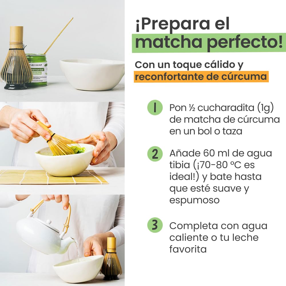 PureChimp Polvo de Matcha Ceremonial Sabor Cúrcuma 50g. 100% Té Verde Puro con Cúrcuma, Canela y Jengibre. Cultivado a la Sombra para Latte y Recetas. Tarro de Vidrio Reciclable. Rico en Antioxidantes