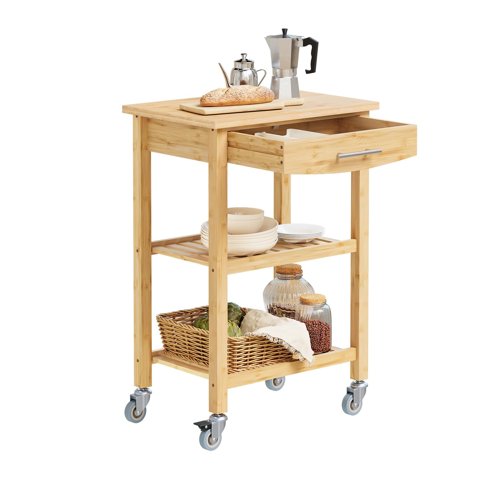 SoBuy Carrello da Cucina in Bambù Carbonizzato – Mobile da Cucina con Ruote e Cassetto, Carrello Mobile, per Cucina, Sala da Pranzo ed Esterno 58×40×86 cm FKW135-N