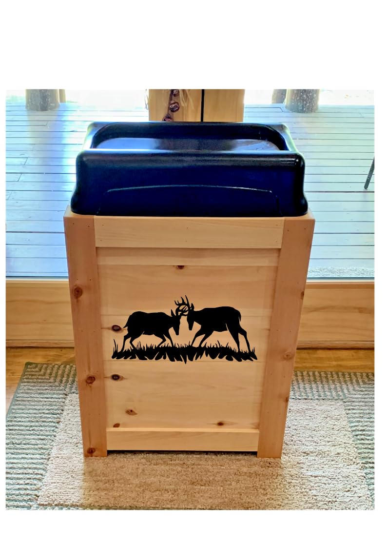 New Rustic Fighting Bucks Wood Kitchen Trash Bin Garbage Can 33 Gal Cabin Western Decor New Commerial Grade Heavy Duty Swing in lid Upgraded Lid for Home, Cabin, Business, Farm House, or Gift