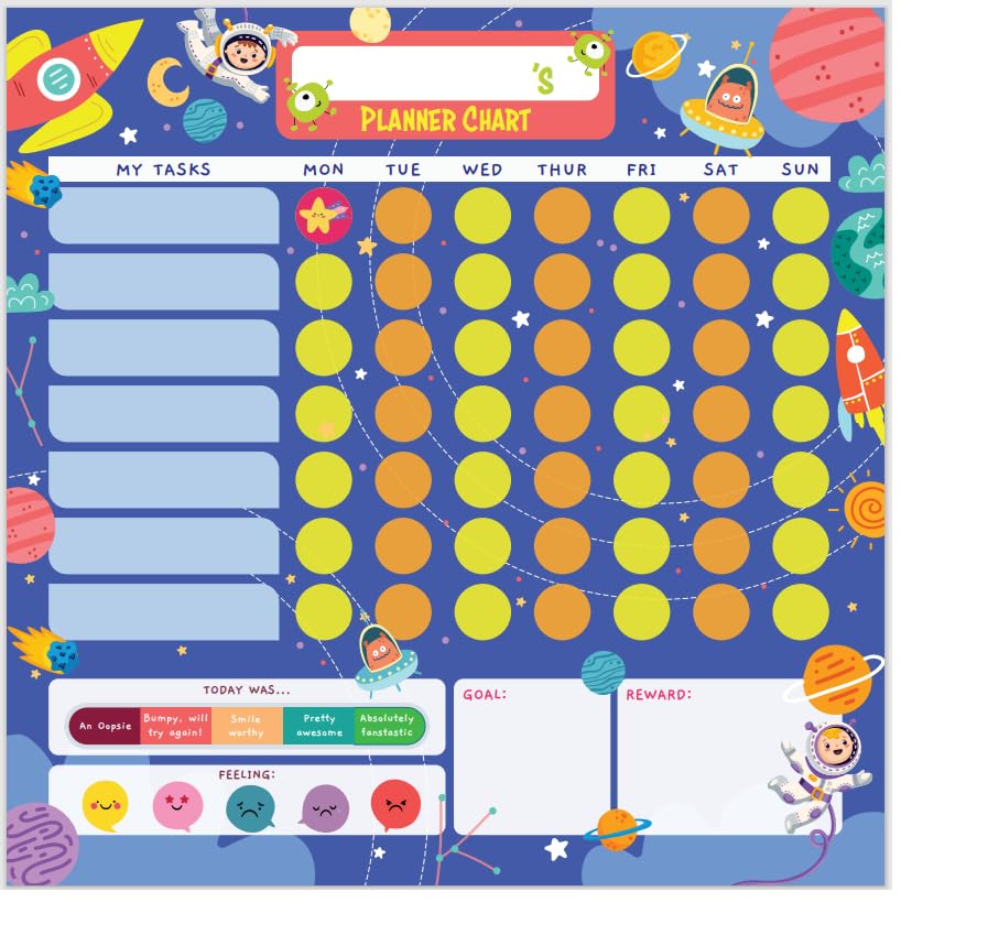 Magnetic Chore Chart for Kids with 120 Magnets, Dry Erase Board, and Monthly Reward Stickers, Bonus Reward Coupons, for 3 to 8 Years Old Toddlers and Children (Space Explorer)