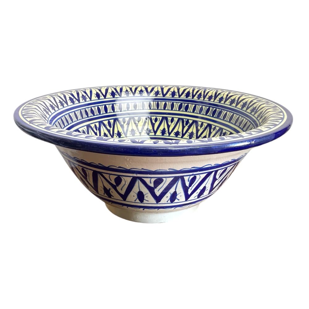 Lavabo Marocchino in Ceramica, Dipinto a Mano, Fes, 40 cm, Blu e Bianco, Motivo Orientale