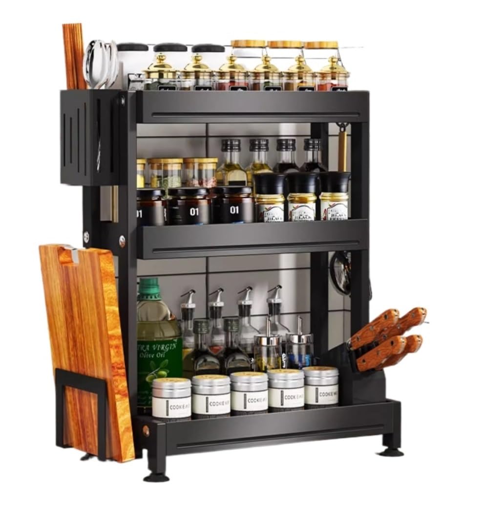 HADECOLL Spice Rack 201 Stainless Steel Spice Rack Storage Kitchen Holder Seasoning Organizer Countertop Jar Shelf Kitchen Organiser,Black-3-Tier