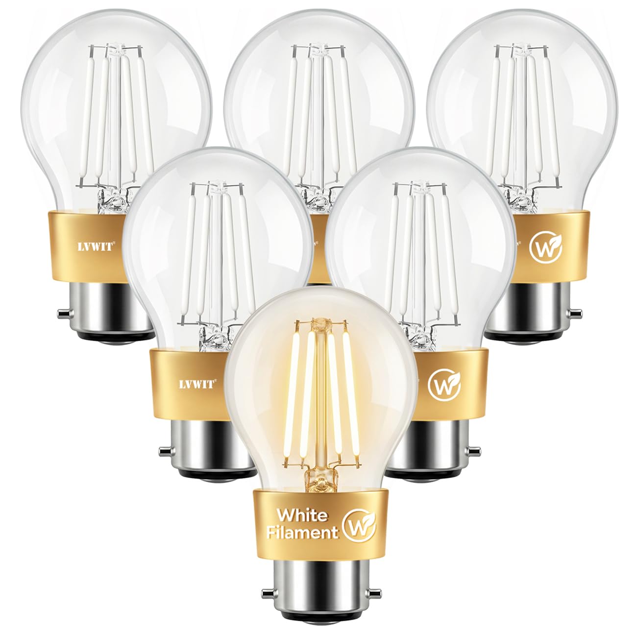 LVWIT B22 Bayonet Light Bulb, White Filament Led Bulb, 4W (40W Equivalent),470lm,Warm White 2700K,15000-Hour Long Life,Clear Glass Light Bulb,Ultra Energy Efficient 90% Saving, Non-Dimmable, 6-Pack