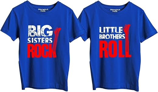 Hangout Hub Cotton Sibling Family Tshirts Big Brother Rock & Little Sister Roll Printed Twinning Combo Tees (Set of 2)