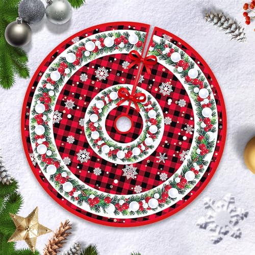 Hianjoo Christmas Tree Skirt 36 Inch, Xmas Tree Base Cover Mat with Double Wreath on Lattice Background for Holiday Ornament for Xmas Party Christmas Decorations (Double Wreath Style, 36 inch/ 90cm)