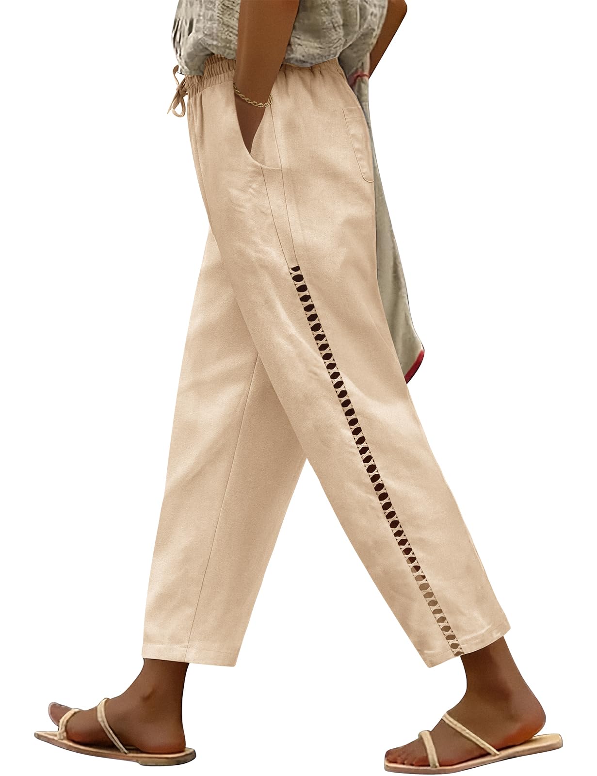 Pantalones Mujer Verano de Lino Elástico Cintura Suelta Cómodo Ligero con Bolsillos Cordón
