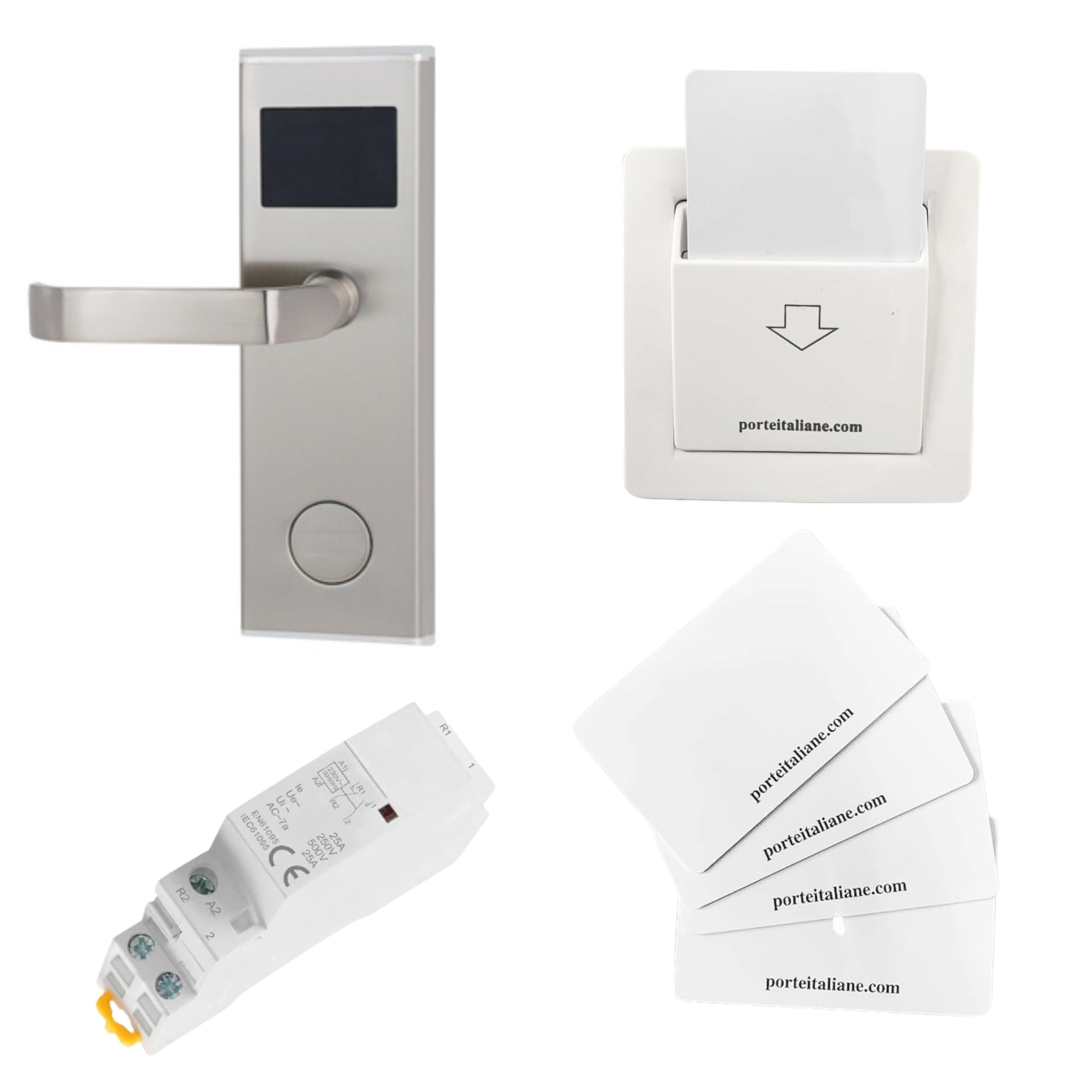 Porte Italiane, Maniglia Elettronica Lettore RFID Serratura Antipanico per Apertura Porte Controllo Accessi Camere Hotel, Alberghi, B&B e Case Vacanza, Tasca Energy Saver e 4 Card RFID, Spinta DX