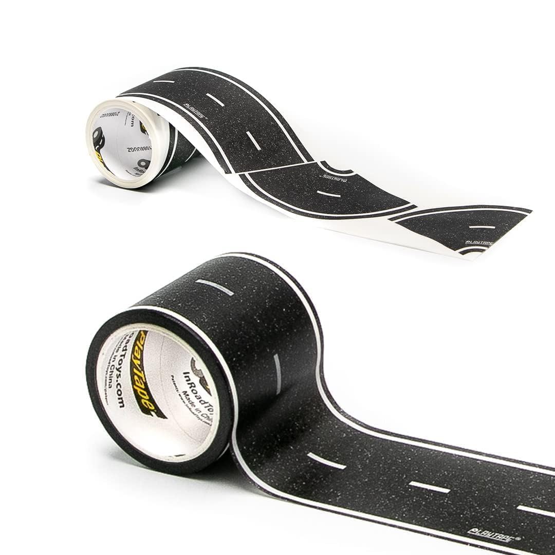 PlayTape Road Tape and Curves for Toy Cars - 1 Roll of 30 ft. x 2 in. Asphalt Road + 1 Roll of 36 Curves