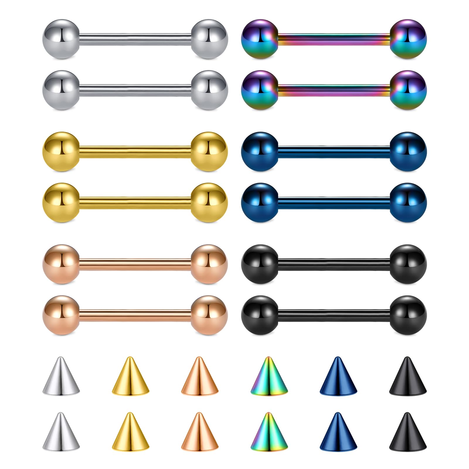 FECTAS 24PCS Tongue Nipple Piercing Jewelry Nipple Rings with Replacement Balls 14 Gauge Stainless Steel Tongue Rings Stra...