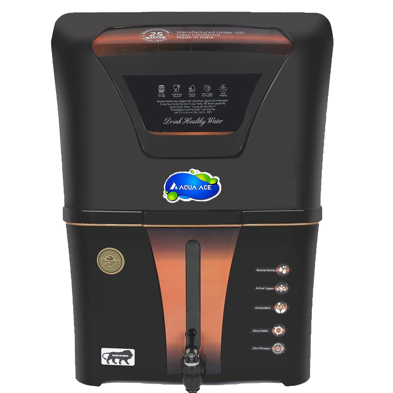Aqua Ace Alkaline Ro with ORP & Copper Infuser Technology With RO,UF & TDS Adjuster With Pre Filter 12L | 9 Stage Purification | Suitable for all type water supply with TDS upto 2000 ppm (Black)