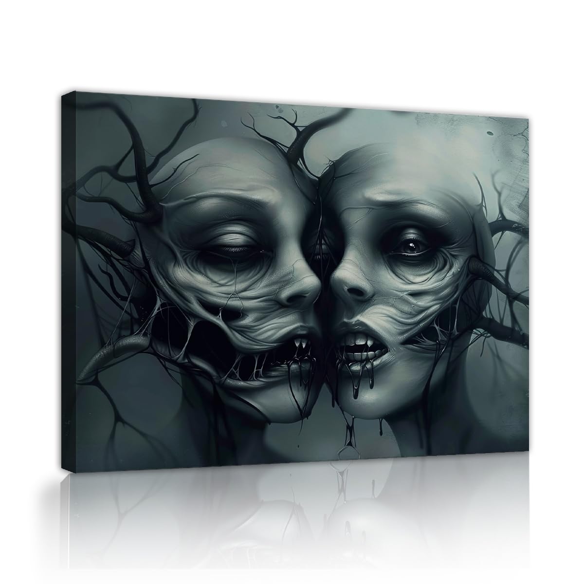 YUNART Psychedelic Horror Face Wall Decor Dark Gothic Skull Wall Art Horror Creepy Haunted House Scene Artwork for Teens Adults Game Room 45x60cm Innerframe