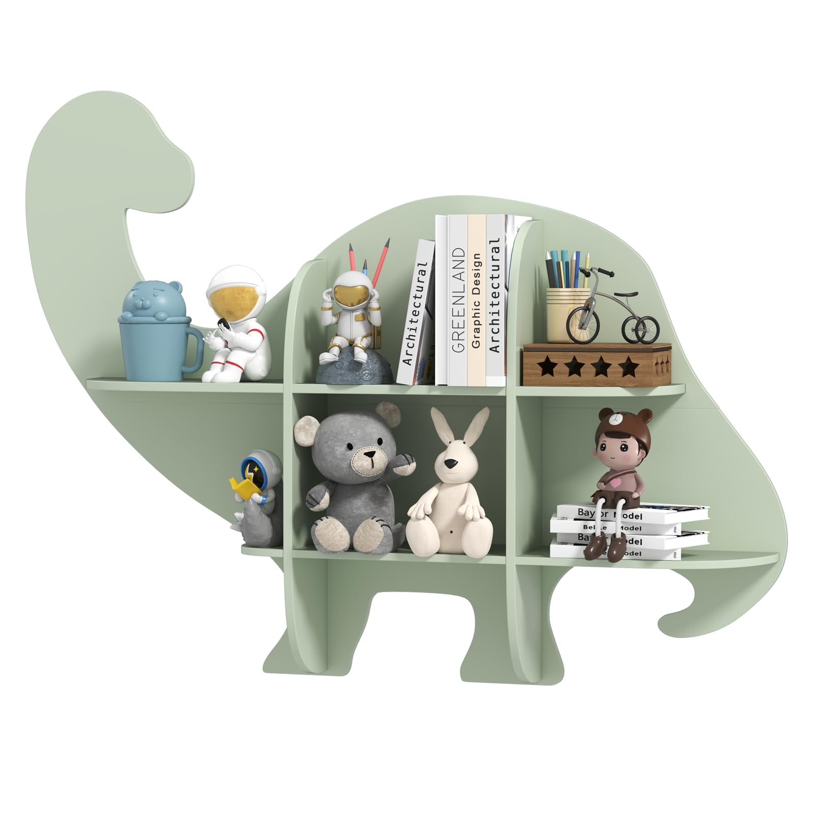 COSTWAY Libreria da Parete per Bambini a Forma di Dinosauro, Mensola a 2 Ripiani in Legno da Appendere, Scaffale da Parete per Camera dei Bambini Camera da Gioco Asilo, 105,5x16x78,5 cm