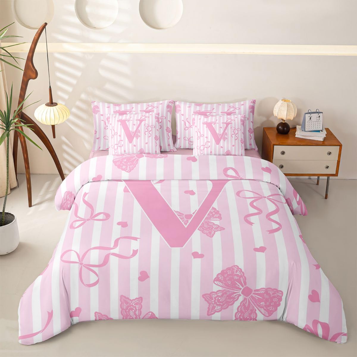 Loussiesd Juego de ropa de cama de 7 piezas con diseño de lazo rosa y blanco, para niños y niñas, con funda de edredón, sábanas, fundas de almohada, fundas de cojín, tamaño Super King