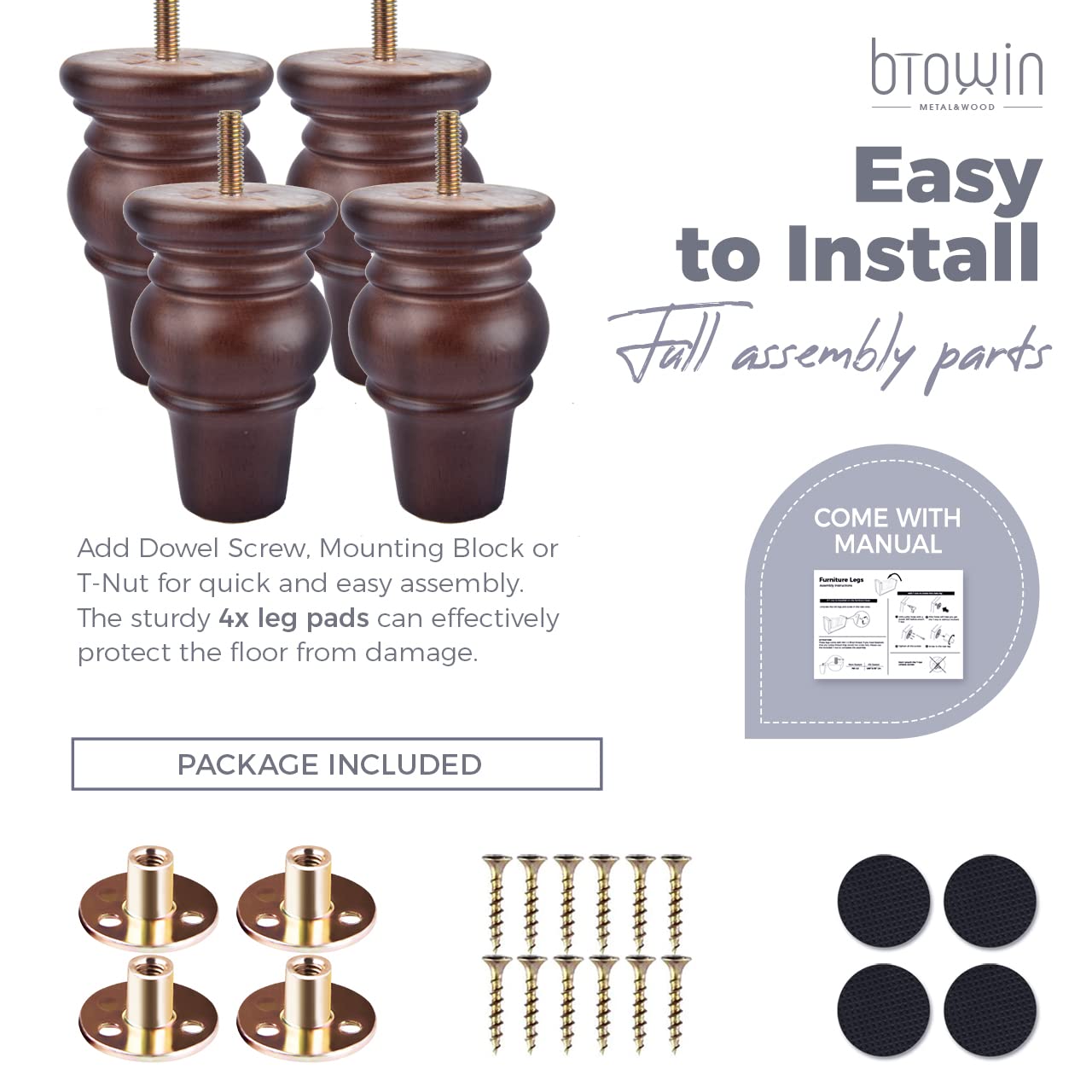 Btowin Lot De 4 Pieds De Meubles En Bois Massif De 10,2 Cm Avec Boulons De Suspension Filets De 16 Cm Plaque De Montage Et Vis Pour Canap Chaise Ottoman Causeuse
