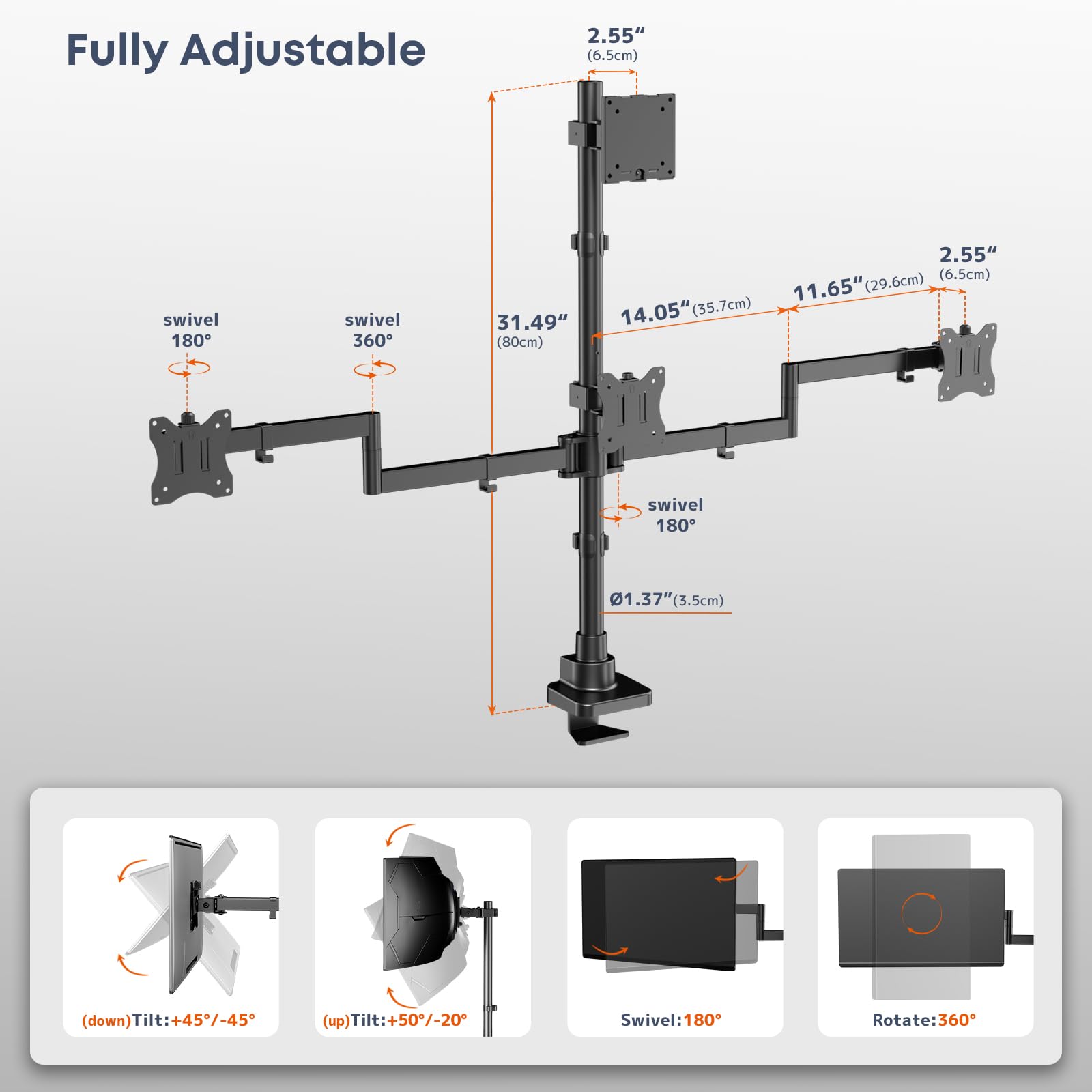 Supporto per Monitor 4 Schermi fino a 49 Pollici Ultra-Wide & 3x 27 Pollici su Bracci Inferiori, Regolabile in Altezza, VESA 75/100, Nero
