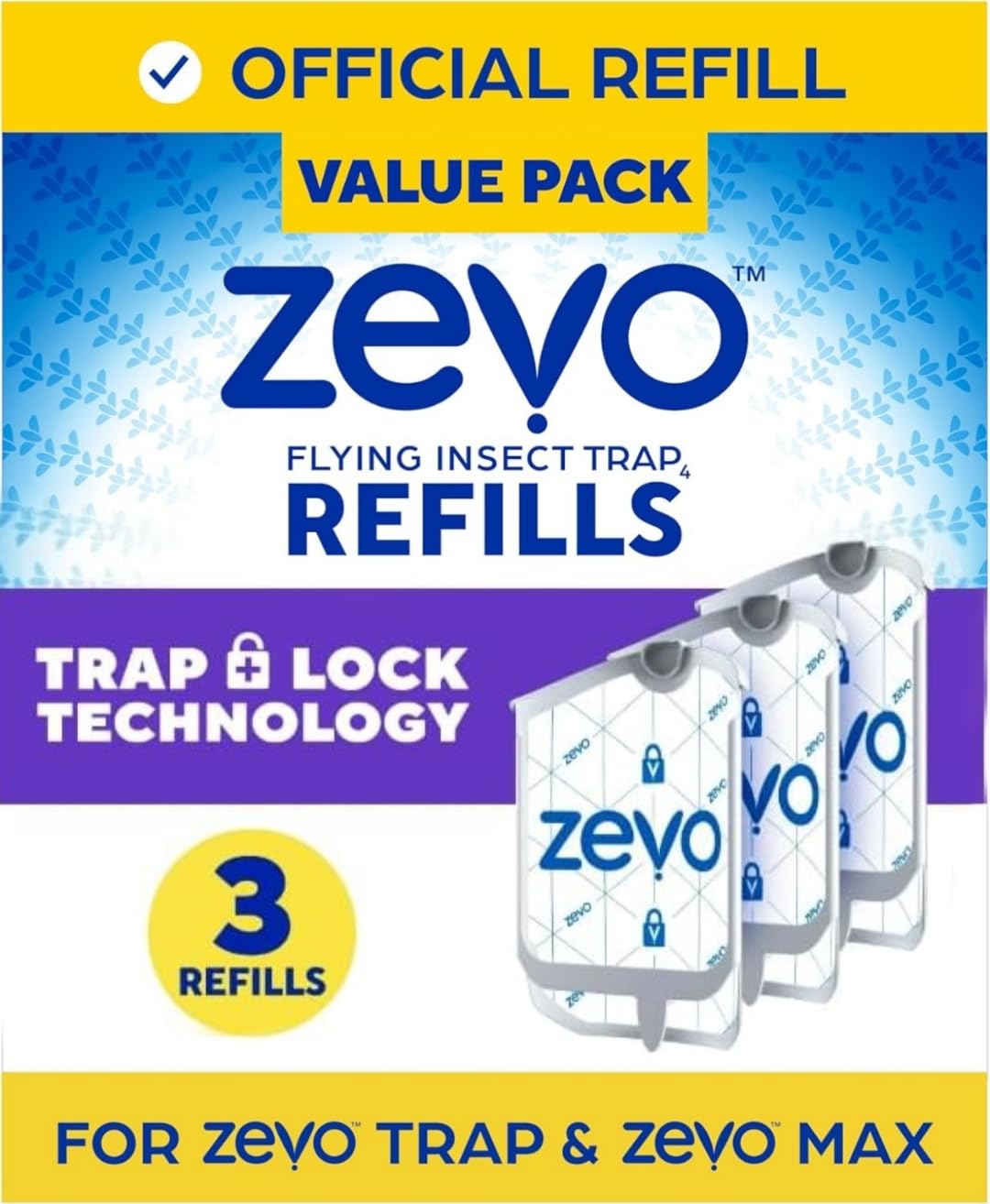 Zevo Indoor Fly Trap Replacement Cartridges – 3 Refills – Light-Based Attraction for Flies, Gnats &amp; Fruit Flies