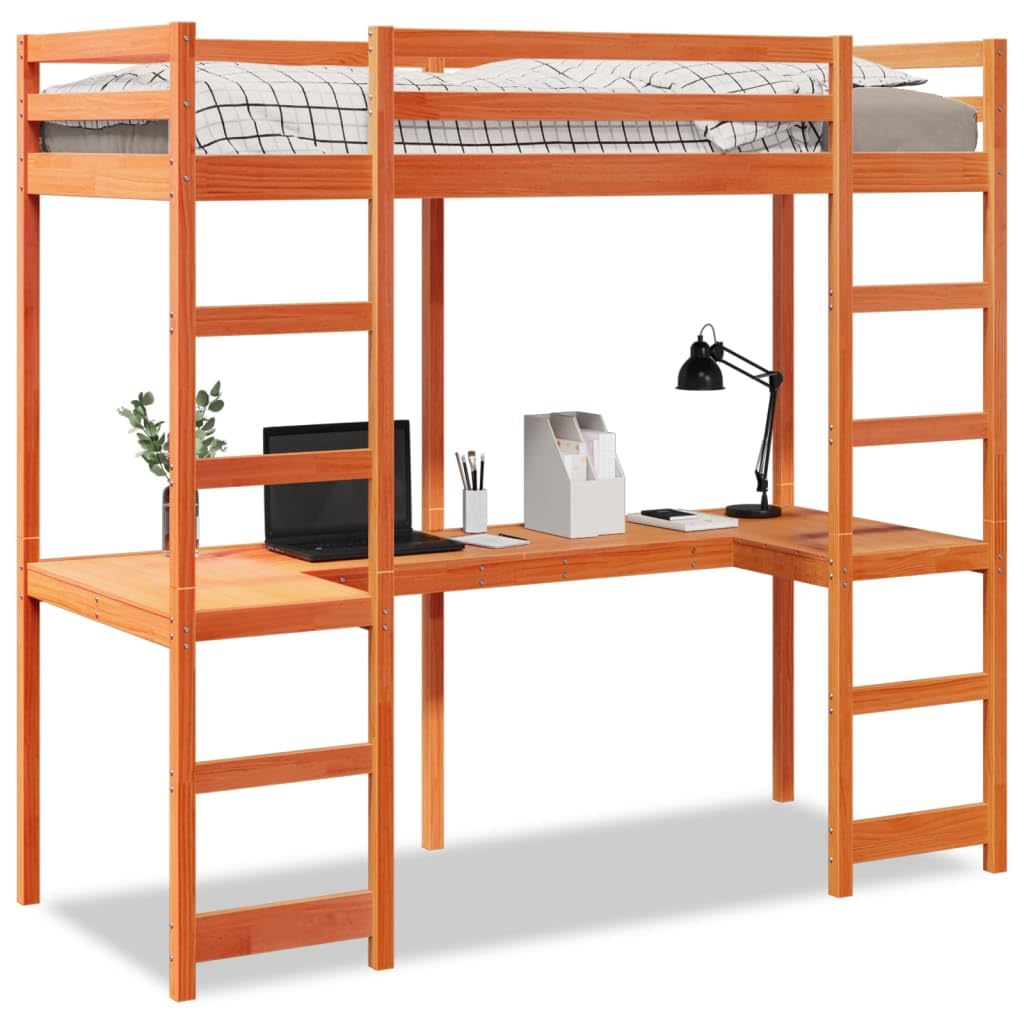 vidaXL Loft Bed Frame with Desk - Solid Pinewood Wax Brown - Single Bed with Dual Ladders and Safety Guardrails 90x190 cm