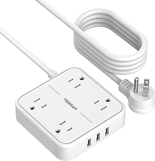 Long Extension Cord 15 ft, TESSAN Surge Protector Power Strip with 4 Outlets 3 USB Ports, 3 Prong Flat Plug Desktop Charging Station, Wall Mount for Indoor, Home, Office, Dorm Room Essentials, White