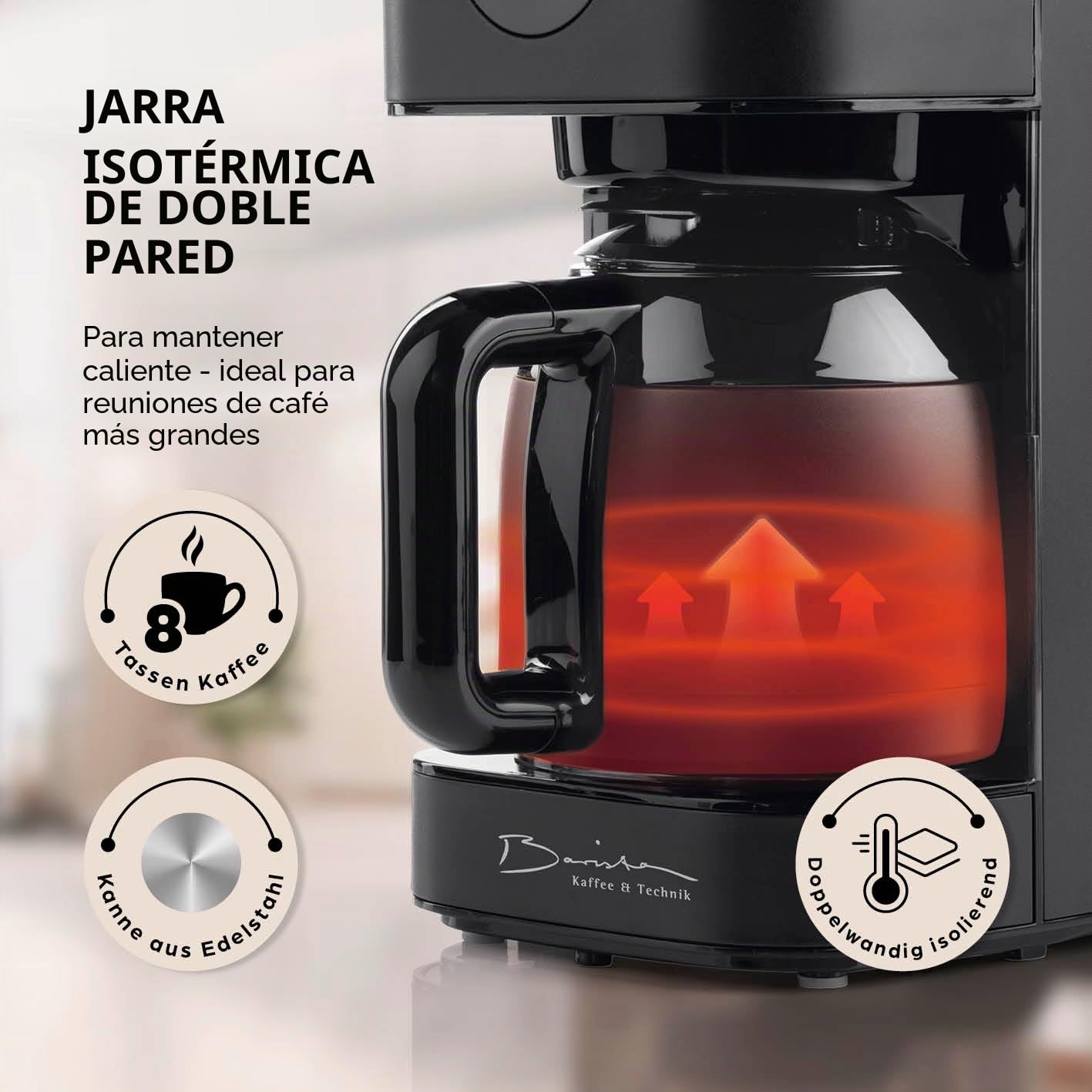 Barista Cafetera de filtro con jarra térmica, temporizador de 24 horas y filtro permanente, para 8 tazas de café, cafetera para polvo [negro]