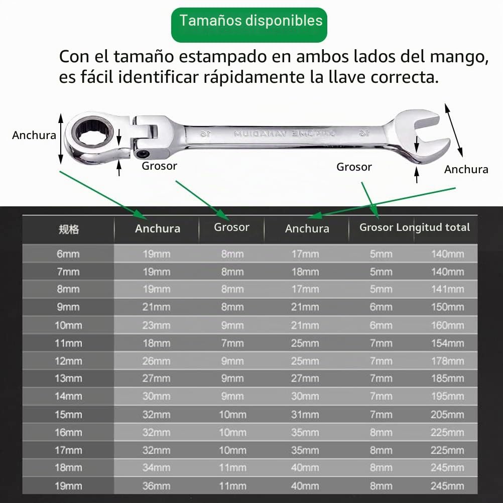12 Piezas Juego de Llaves Combinadas Flexible, 8~19 Mm Juego de Llaves Carraca Métricas, Acero Al Cromo Vanadio, Cabeza Giratoria De 180°, Arco de Rotación de 5°, con Bolsa