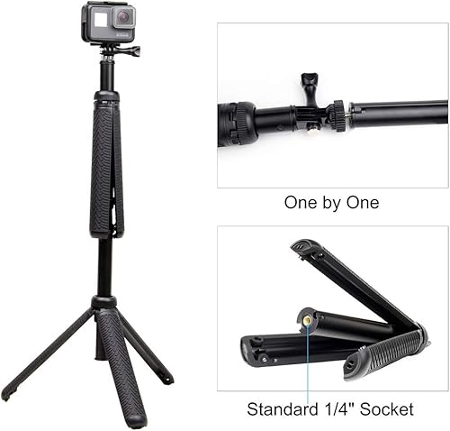 Miniatura 3 de Palillo selfie extensible/empuñadura/monopie/trípode para GoPro Hero 13 12 11 10 9 8 7 6 5 4 3 2 sesión 2018, ACASO, EK5000 EK7000/SJCAM SJ4000