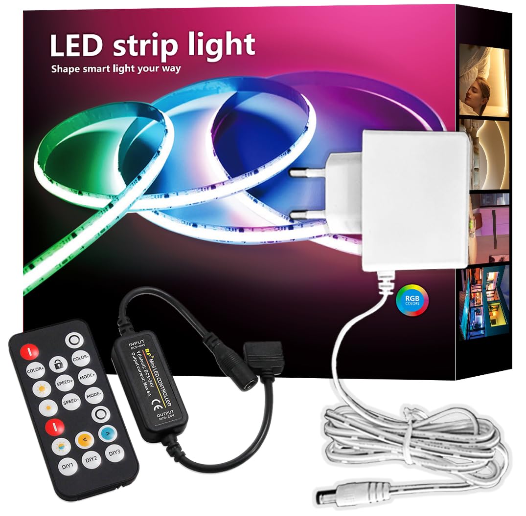 COB LED Streifen RGBTW 5m,RGB+CCT Einstellbare Farbtemperatur 2700K–6500K,24V farbwechselnde Band licht für DIY Dekoration, 12mm Breite,mit Fernbedienung und Netzteil,für Home Dekoration,Küche,Spiegel