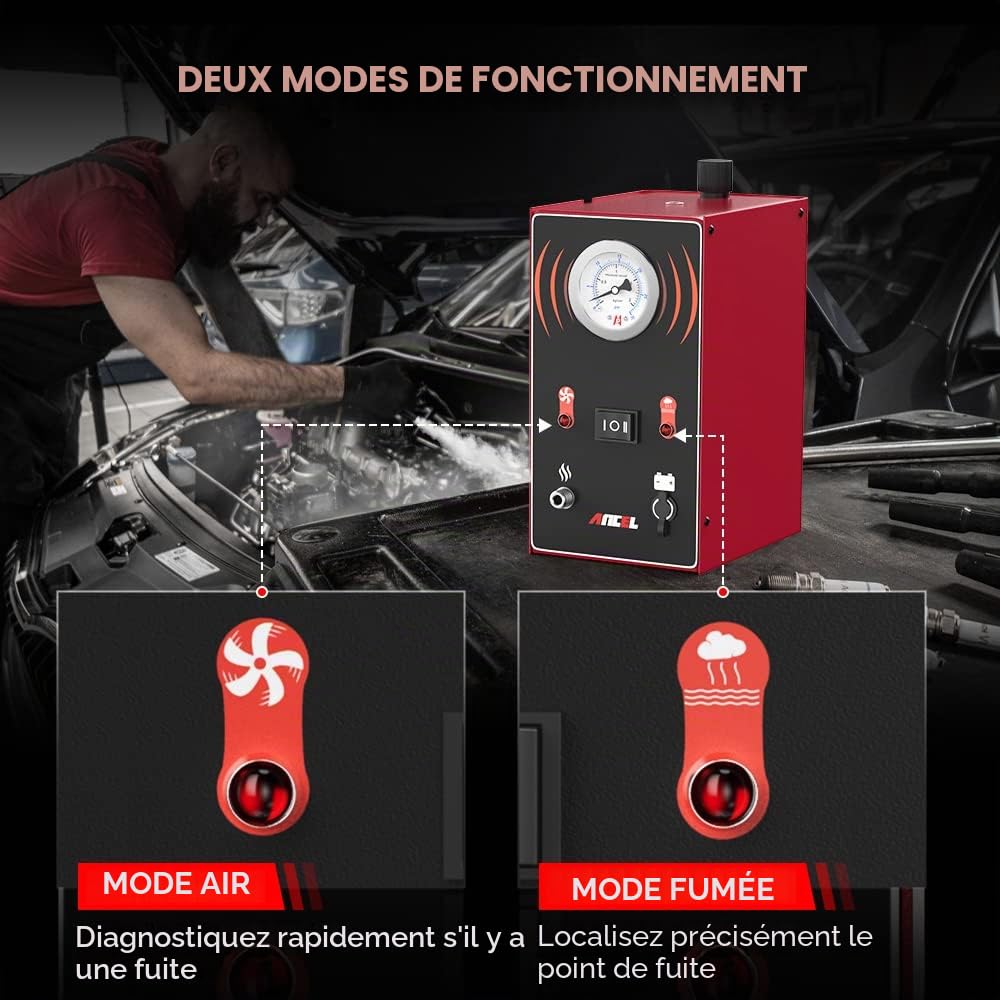 ANCEL S200 Machine Fumée EVAP, Détecteur Test Fuite De Système Carburant Voiture 12V avec Manomètre, Testeur de Fuite sous Vide Automobile avec 2 Modes pour Tous Les Véhicules Moto Camion VTT Bateau