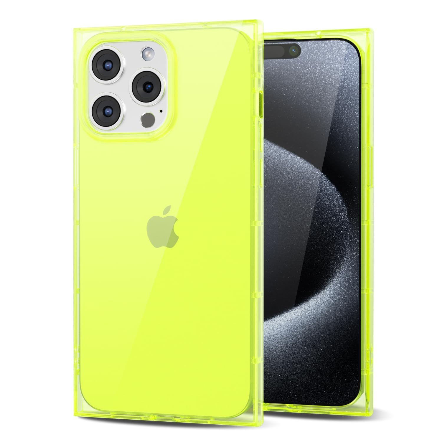 Svanove Fundas para iPhone 15 Pro Transparente Cuadrado, Transparente Rectángulo Cuadrado Funda de Teléfono Cámara Funda Protectora, Silicona Fina Shockproof Caparazón Blando, Amarillo Neón