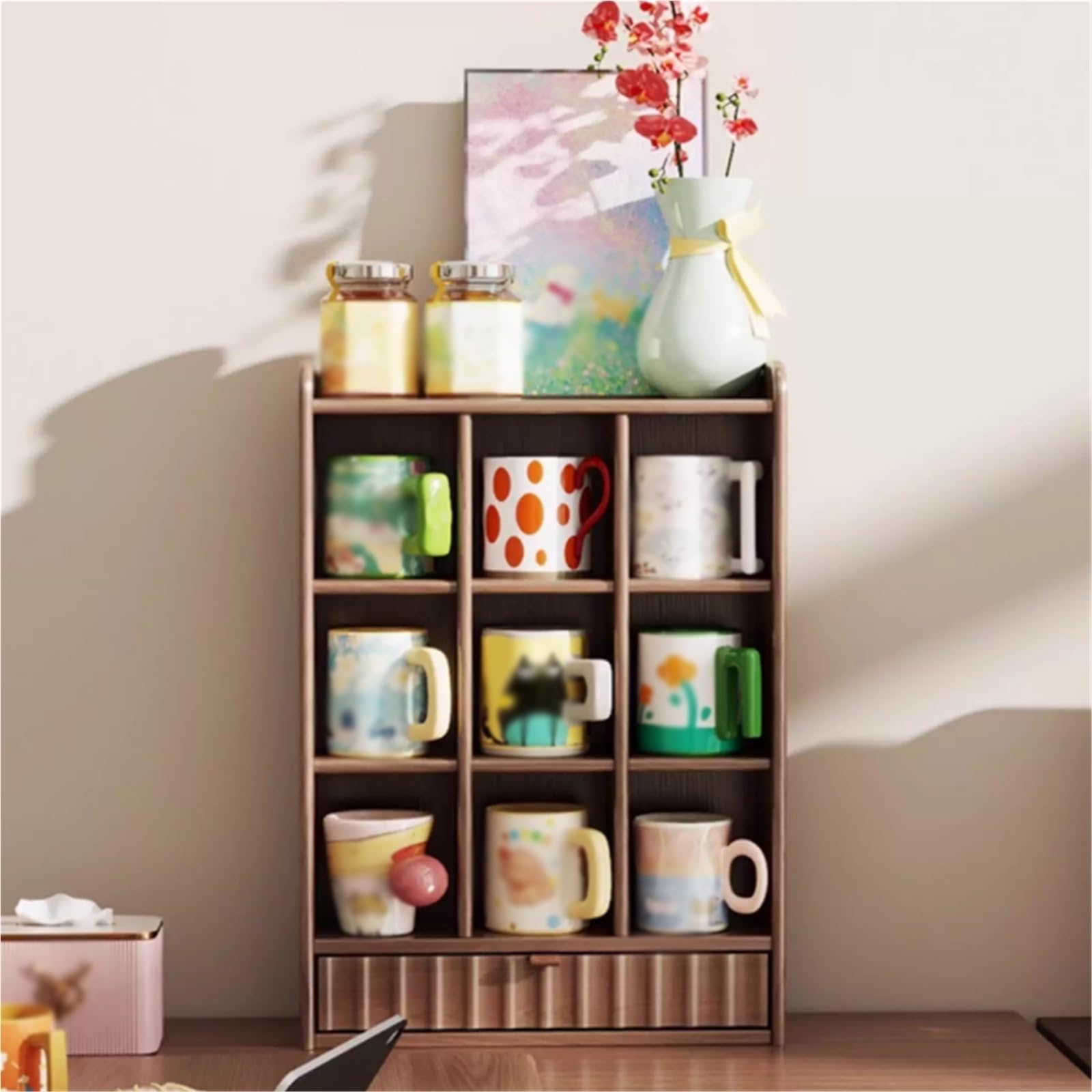 Tassenregal Massivholz-Getränkehalter, Gitterhalter, Kaffeetasse, Becher, Desktop-Aufbewahrung