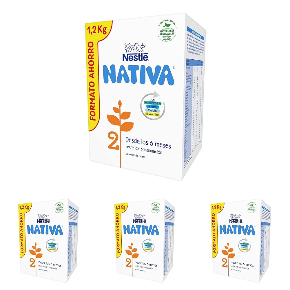 Nestlé NATIVA 2 Leche De Continuación 2 para bebés a partir de los 6 meses. Caja de 1,2kg. (Paquete de 4)