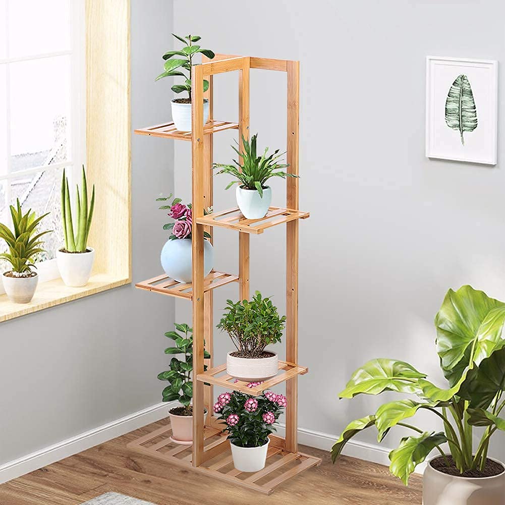 Ejoyous Scaffale per Piante in Legno di Bambù, 5 Strati, 6 Vasi, Porta Piante da Balcone, Soggiorno, Giardino, Patio, per Decorazioni Floreali