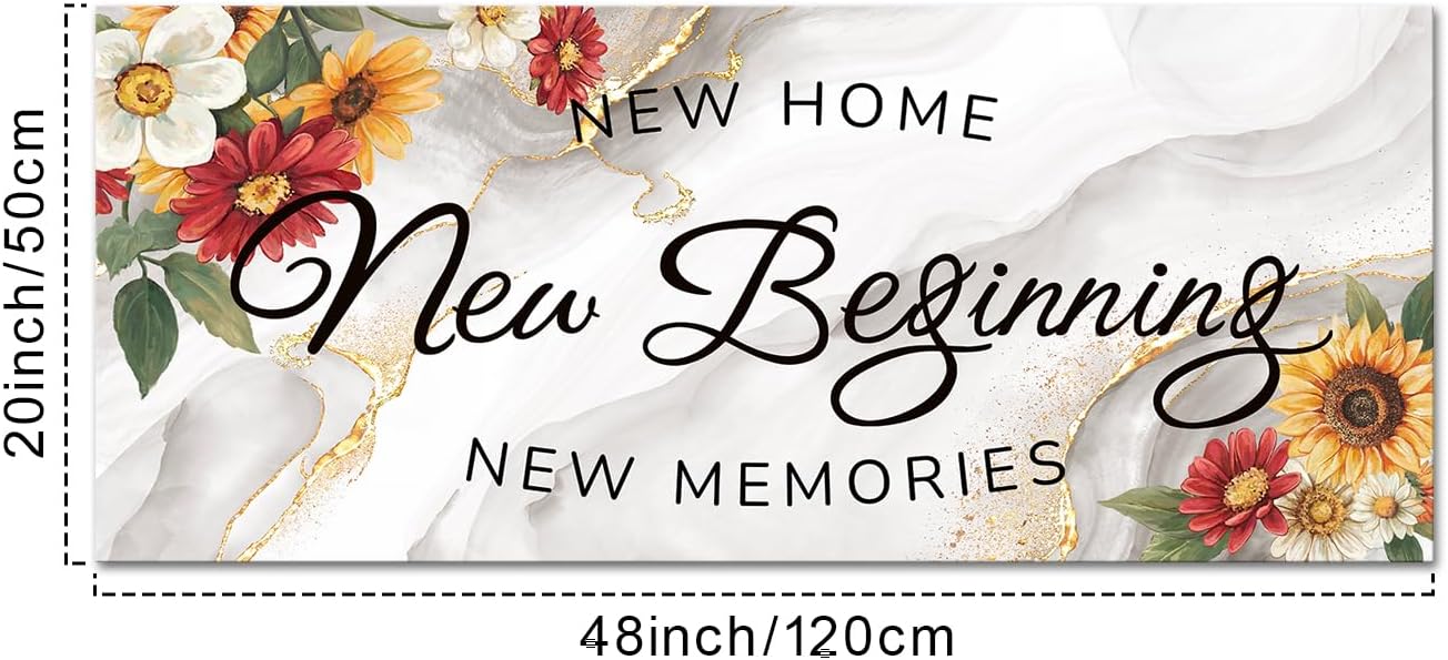 KREATIVE ARTS New Home New Beginning New Memories Canvas Wall Art 20x48" Floral Quote on Marble Giclee Prints Stretched on Wood Frame Ready to Hang Above Couch Decor