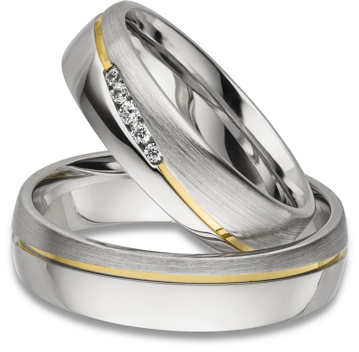 Kolibri Rings Eheringe Set 925 Silber, Gelb Vergoldet mit 5 Zirkonia in Kanalfassung | Partnerringe, Trauringe Paarpreis | Made in Germany mit Gratis Gravur & Etui