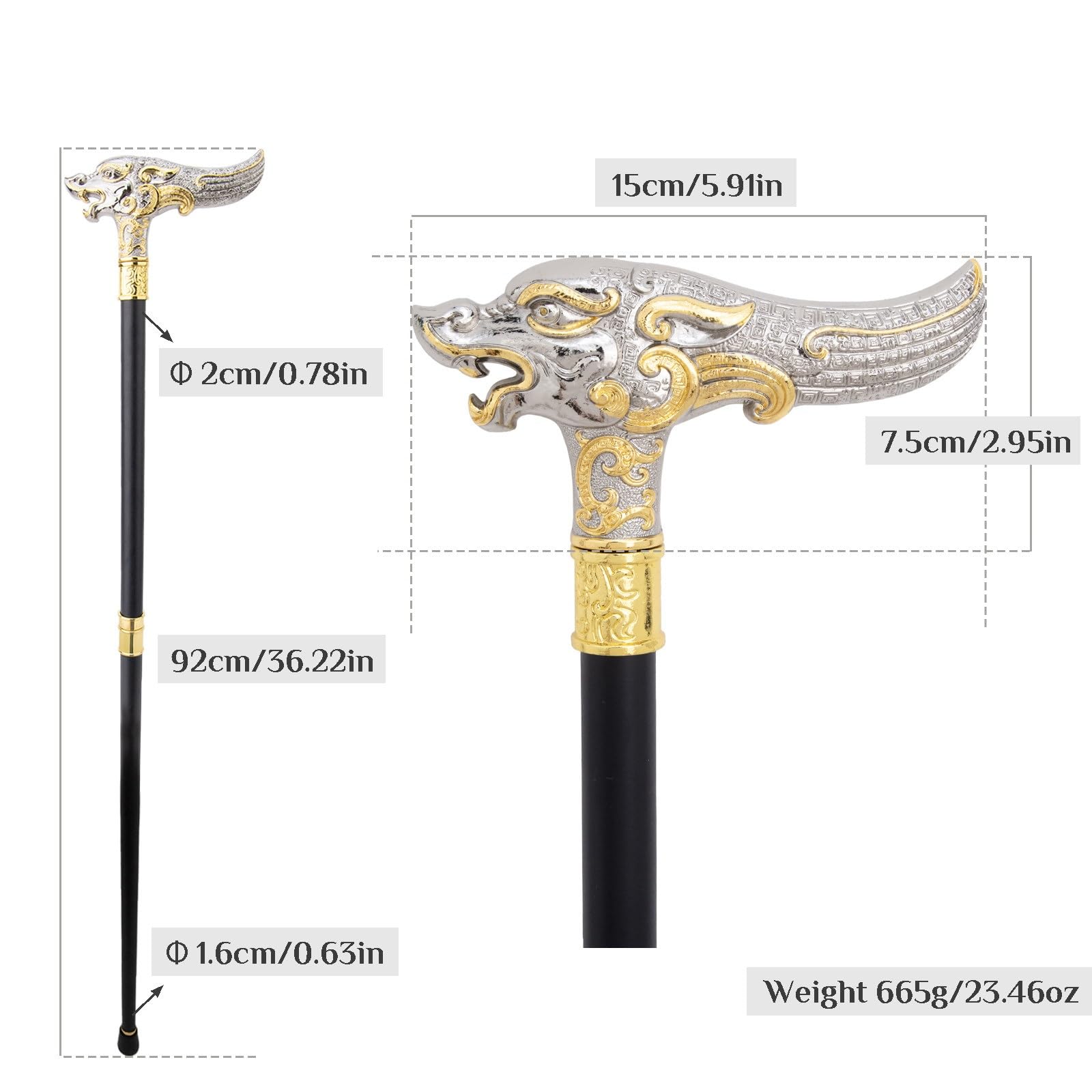 Bastón con Dragón Dorado y Nubes Auspiciosas, Elegante Bastón de Paseo Chapado en Oro Para Fiestas Formales y Cosplay 92 Cm(White)