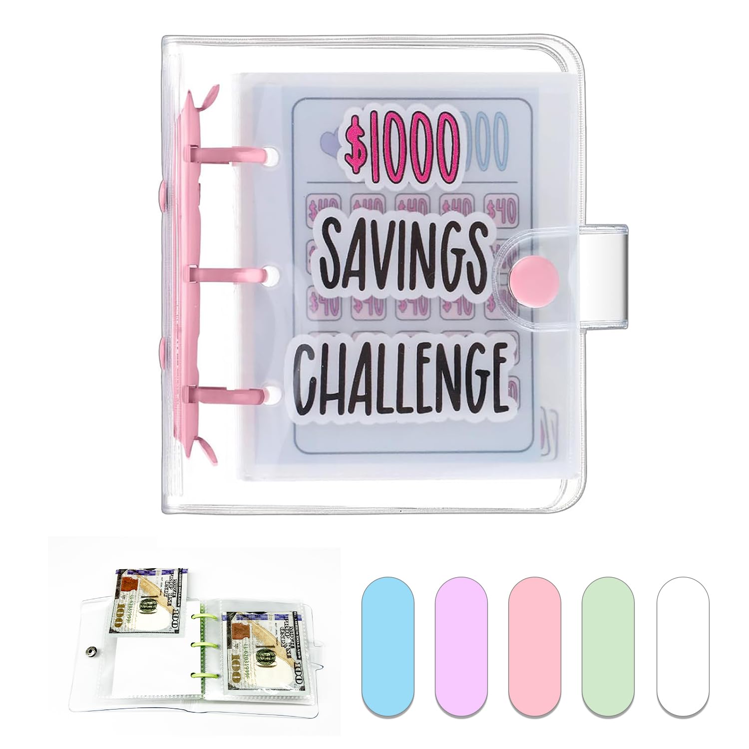 Dreamplay Mini Money Saving Binder, $1000 Money Saving Challenge Book Budget Binder with Envelopes Portable Deposit Anytime Anywhere (Pink)