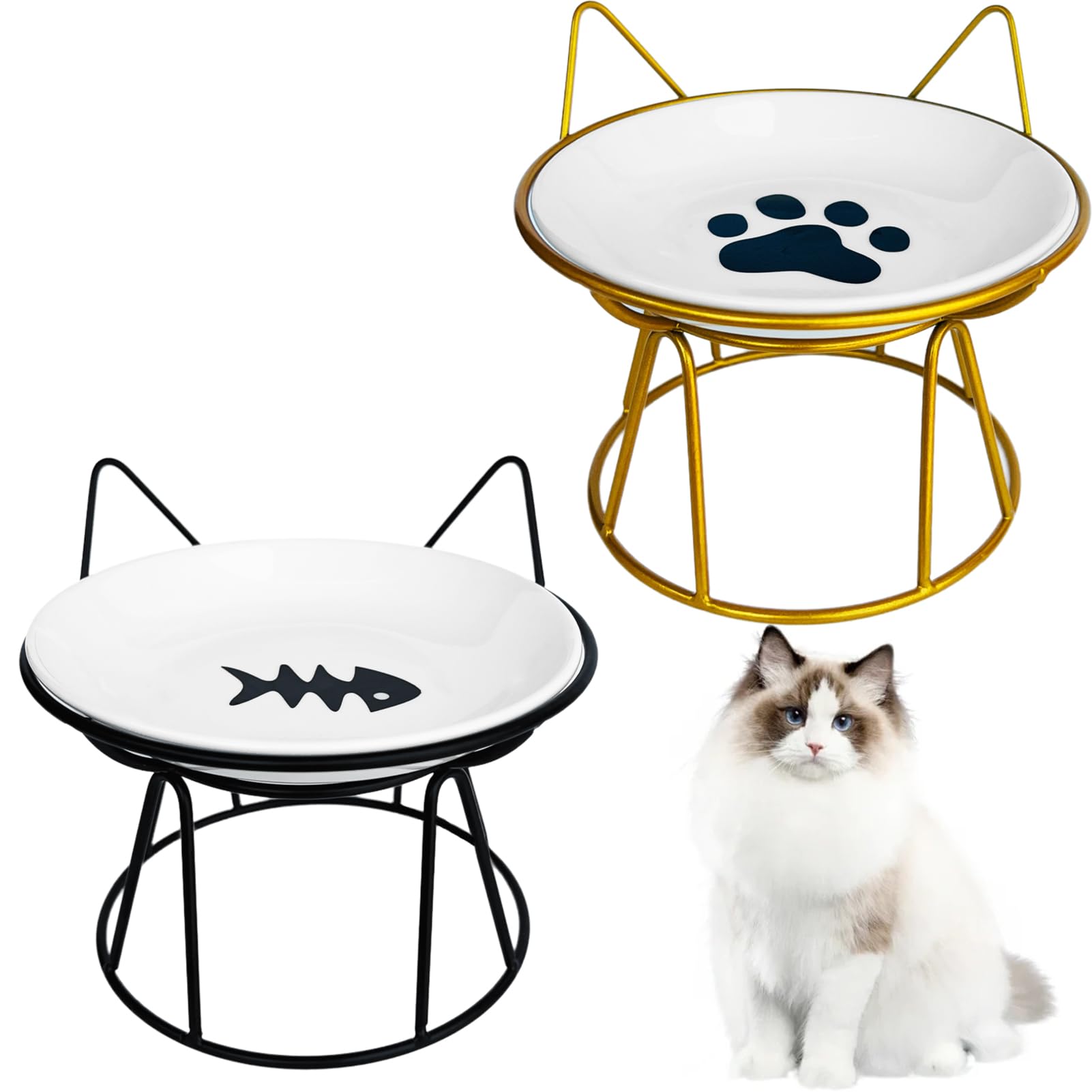 Virtue Yun 2 cuencos elevados para gatos, comederos para gatos, comederos elevados con soporte de metal, estación de alimentación para animales, vajilla de cerámica para gatos, protección para el