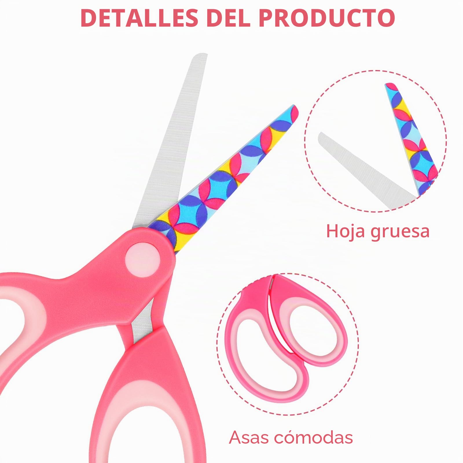 Tijeras para zurdos, tijeras de seguridad para niños, cuchillas de acero inoxidable, empuñaduras suaves, para uso con niños de 3 años en adelante, rosa, azul, rojo, paquete de 3 pares