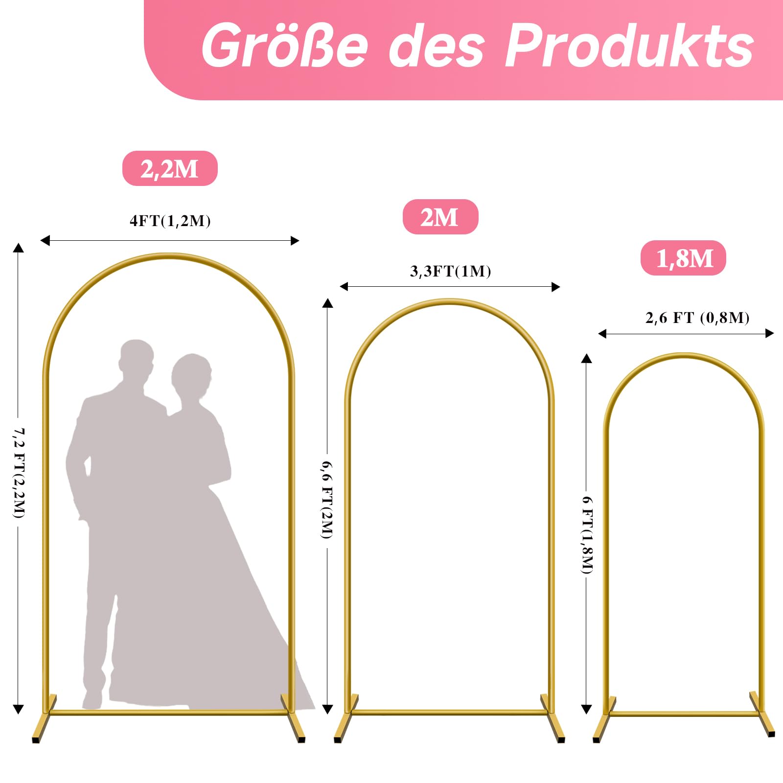 Lot de 3 supports pour arche de mariage, 1,8 m, 2 m, 2,2 m, cadre en métal, cadre de fond pour mariage, anniversaire, fête, fête des mères